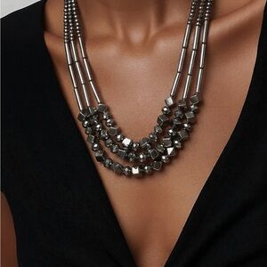Gunmetal Multi Strand Necklace Hematite Tone Geometric Layered 8” Drop